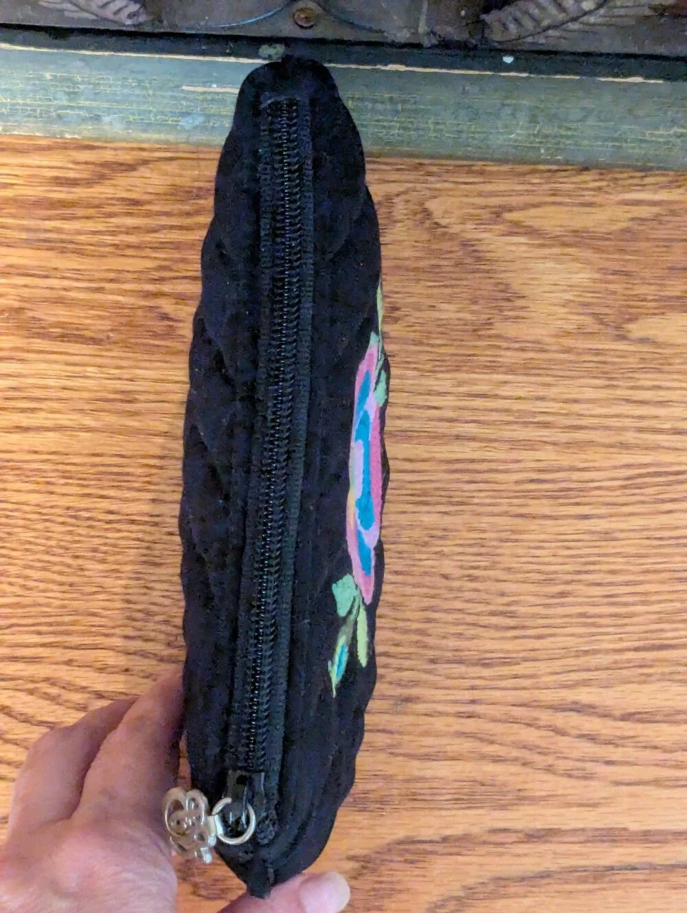 Vera Bradley Adele Quilted Black Embroidered Floral Pouch